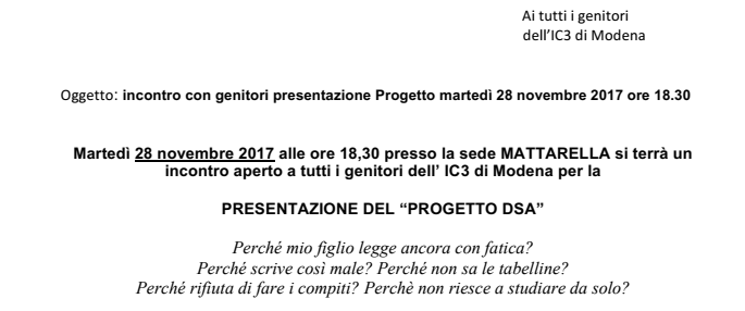 Circ.99_ incontro con genitori IC3 Modena presentazione Progetto DSA martedì 28 novembre 2017 ore 18.30