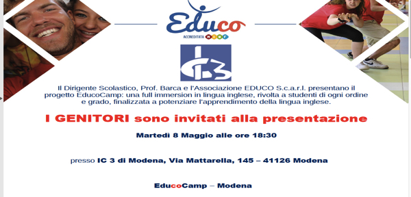 Martedì 8 maggio 2018 ore 18.30: presentazione Summer Camp Educo c/o Mattarella