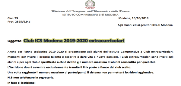 Circ.73_Club IC3 Modena 2019-2020 extracurricolari