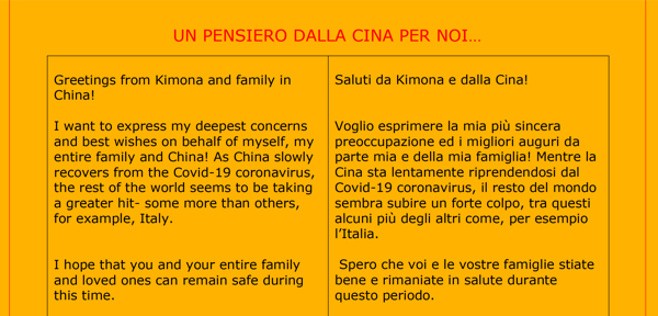#Keep fighting Italy!! Messaggio per IC3 di Kimona, teacher di EDUCO Summer camp che vive in China