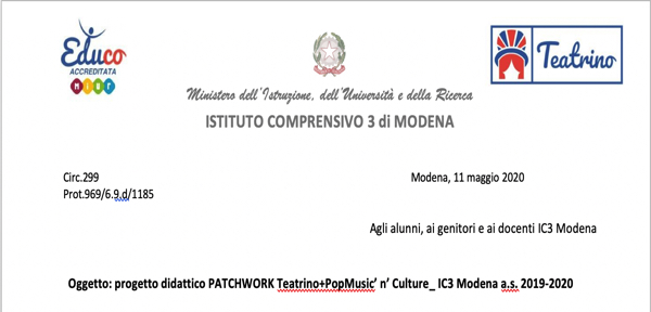 Circ.299_IC3 Modena_progetto didattico PATCHWORK Teatrino+PopMusic’ n’ Culture_  a.s. 2019-2020