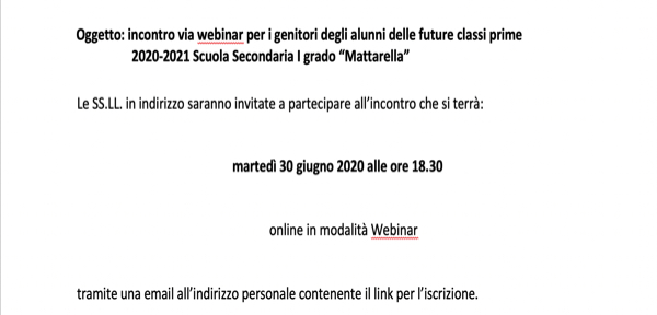 Circ.339_Martedì 30 giugno ore 18.30 incontro online per i genitori degli alunni delle future classi prime 2020-2021 Scuola Secondaria I grado “Mattarella” IC3 Modena