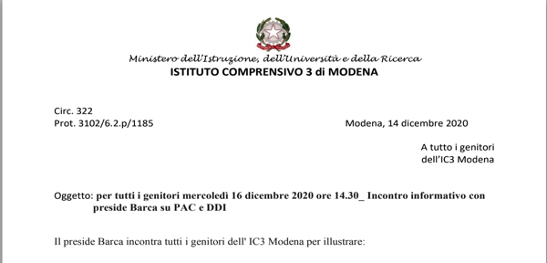 Circ. 122_Per tutti i genitori IC3 Modena mercoledì 16 dicembre 2020 ore 14.30_ Incontro informativo online con preside Barca su PAC e DDI