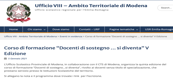 USR-ER-Ufficio VIII – Ambito Territoriale di Modena Nota 13192 _Corso di formazione “Docenti di sostegno … si diventa” V Edizione