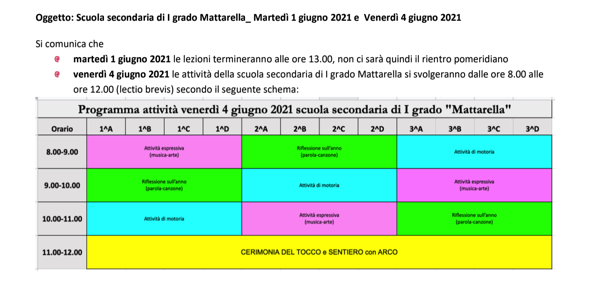Circ.245_Scuola secondaria di I grado Mattarella_ Martedì 1 giugno 2021 e  Venerdì 4 giugno 2021