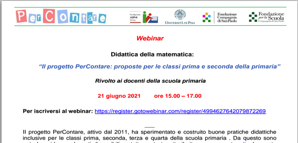 #21 giugno 2021 ore 15.00 – 17.00_Webinar Didattica della matematica: “Il progetto PerContare: proposte per le classi prima e seconda della primaria”