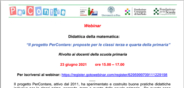 #23 giugno 2021 ore 15.00 – 17.00_Webinar Didattica della matematica: Didattica della matematica: “Il progetto PerContare: proposte per le classi terza e quarta della primaria”