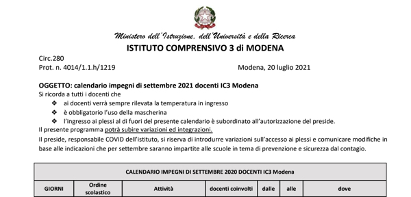 Circ.280_Docenti IC3 di Modena: calendario impegni di settembre 2021