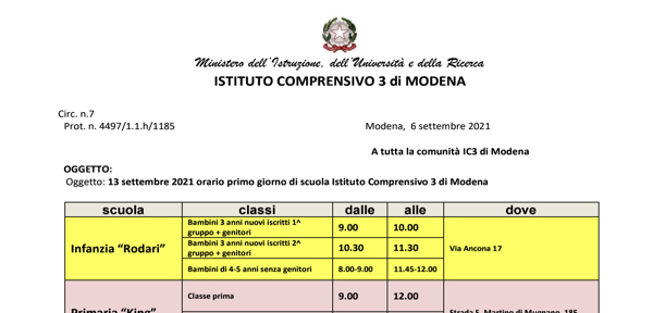 Circ.7_Orario primo giorno di scuola  lunedì 13 settembre 2021 in tutte le scuole IC3 Modena_
