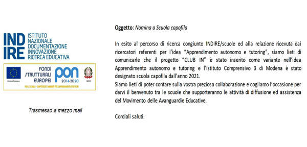 #IC3 Modena: nomina a scuola capofila Movimento Avanguardie Educative INDIRE Idea Apprendimento autonomo e tutoring