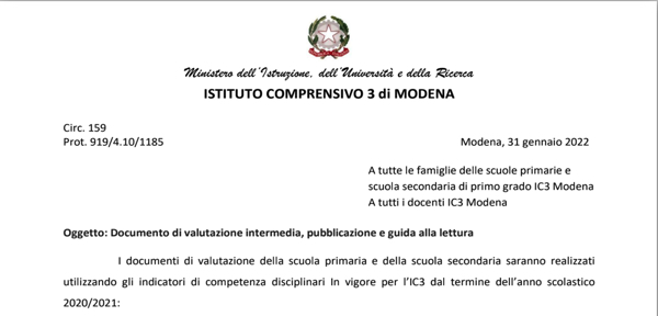 Circ.159_IC3 Modena: Documento di valutazione intermedia, guida alla lettura e data pubblicazione 12 febbraio 2022