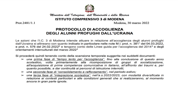 IC3 Modena_PROTOCOLLO DI ACCOGLIENZA DEGLI ALUNNI PROFUGHI DALL’UCRAINA