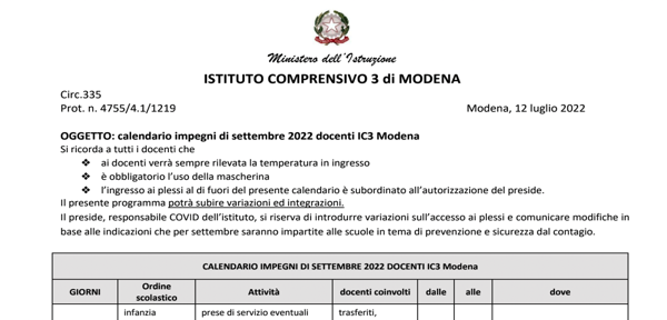 Circ.335_Docenti IC3 di Modena: calendario impegni di settembre 2022