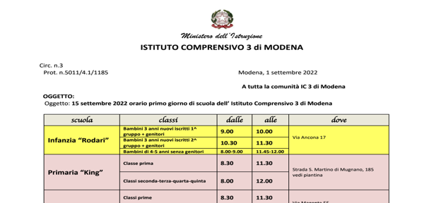 Circ.3_Orario primo giorno di scuola  giovedì 15 settembre 2022 in tutte le scuole IC3 Modena_