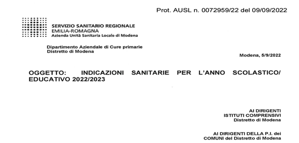 AUSL di Modena: Prot. 72959/22 del 9 settembre 2022_Indicazioni sanitarie per l'anno scolastico/educativo 2022/2023