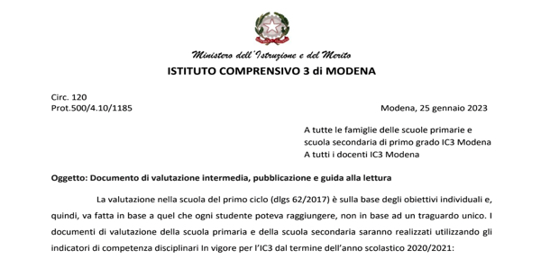 Circ.120_IC3 Modena: Documento di valutazione intermedia, guida alla lettura e data pubblicazione 11 febbraio 2023
