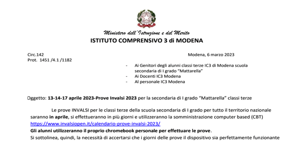 Circ.142_Prove Invalsi 2023  secondaria di I grado “Mattarella” classi terze_13-14-17 aprile 2023