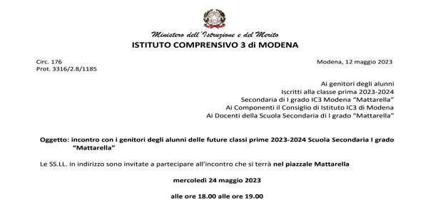 Circ.176_Genitori alunni delle future classi prime 2023-2024_ mercoledì 24 maggio 2023 ore 18.00_incontro presso piazzale Mattarella