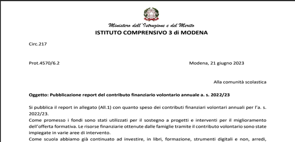 Circ. 217 _ Pubblicazione report delle uscite finanziate con i contributi finanziari volontari annuali a. s. 2022/23