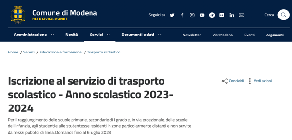 #Comune di Modena_Iscrizione al servizio di trasporto scolastico - Anno scolastico 2023-2024_scadenza 6 luglio 2023