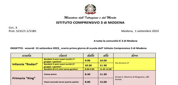Circ.3_Orario primo giorno di scuola  venerdì 15 settembre 2023 in tutte le scuole IC3 Modena_