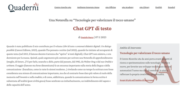 #Una Noterella su “Tecnologie per valorizzare il tocco umano” Chat GPT di testo di Daniele Barca | Sau Quaderni 07 11 2023